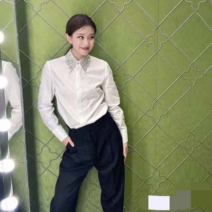 Gucci Women GG Cotton Poplin Shirt Embroidery Long Sleeves Concealed Placket