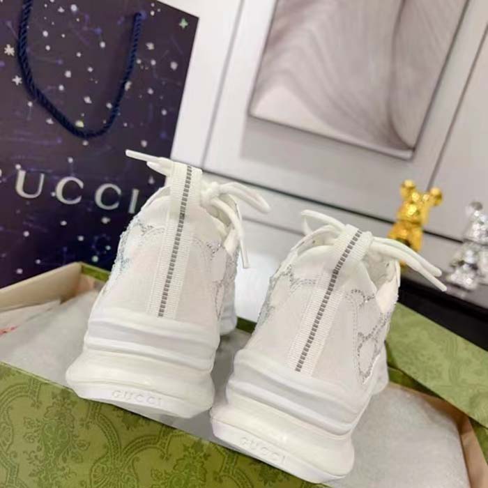 Gucci Unisex GG Gucci Run GG Crystal Mesh Sneaker White Suede Mid 6 CM Heel