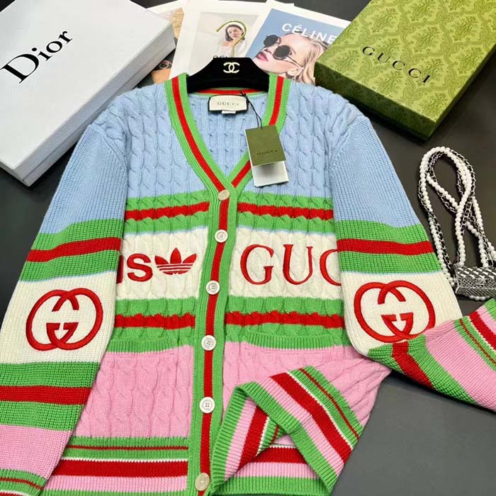 Gucci Men GG Adidas x Gucci Wool Cardigan Pink Blue Cable Stitch V-Neck