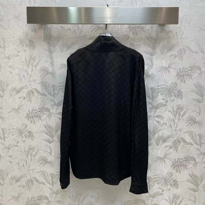 Gucci Women GG Silk Crêpe Shirt Neck Bow V Neck Gathered Yoke