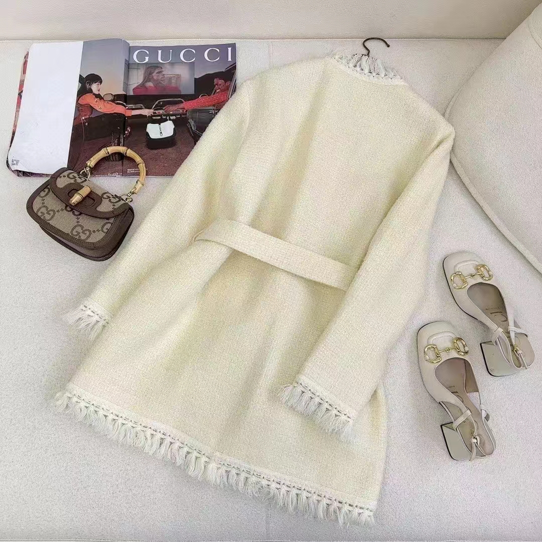 Gucci Women GG Belted Wool Bouclé Jacket White Ribbon Lined Detachable Patch Pockets