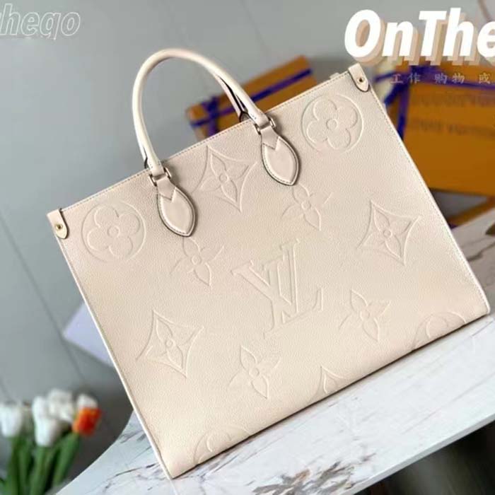 Louis Vuitton Women Onthego MM Tote Bag Crème Beige Embossed Grained Cowhide Leather
