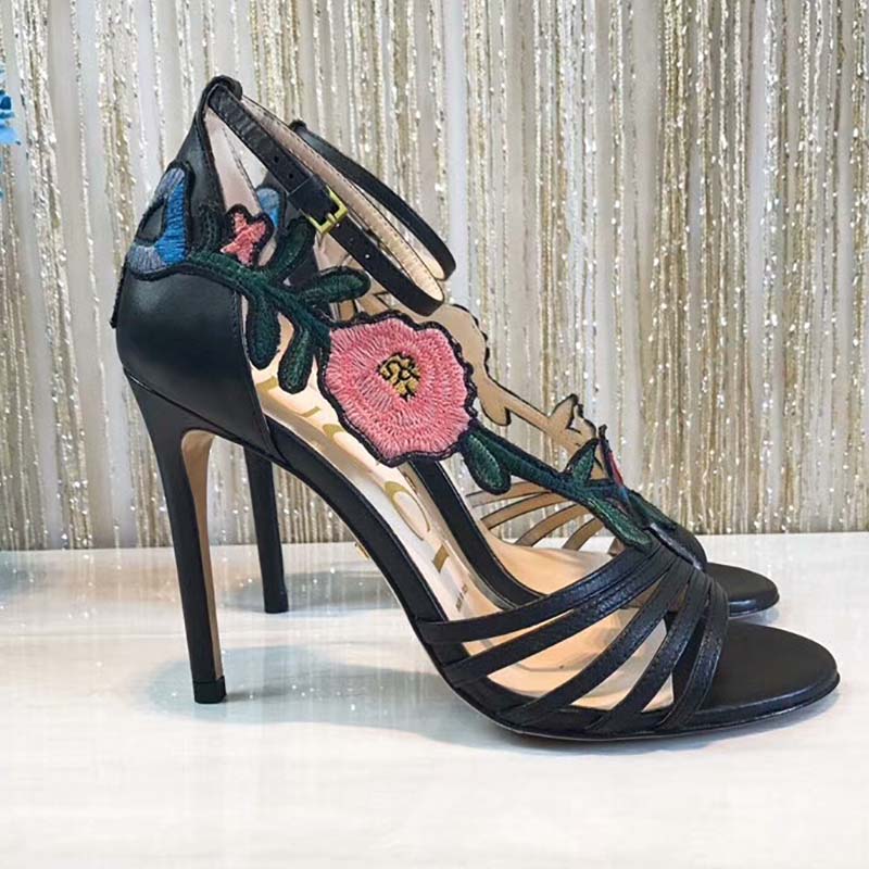 Gucci Women Shoes Embroidered Leather Mid-Heel Sandal 100mm Heel-Black