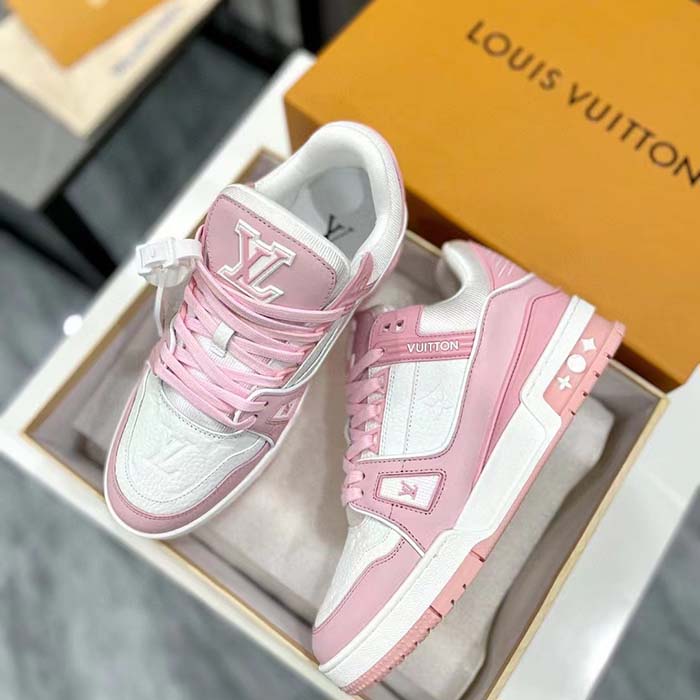Louis Vuitton Unisex LV Trainer Sneaker Pink Mix Materials Rubber Initials Monogram Flowers