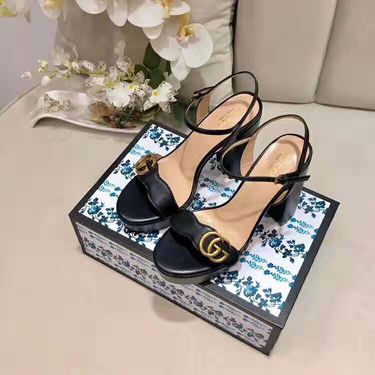 Gucci Women Leather Mid-Heel Sandal-Black