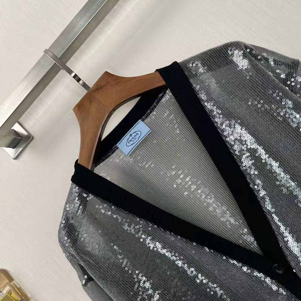 Prada Women Sequin-Embroidered Tulle Cardigan-Black