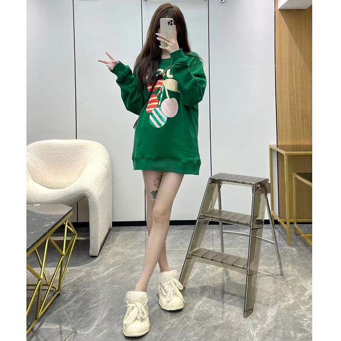 Gucci Women GG Cotton Jersey Sweatshirt Green Light Felted Crewneck Long Sleeves