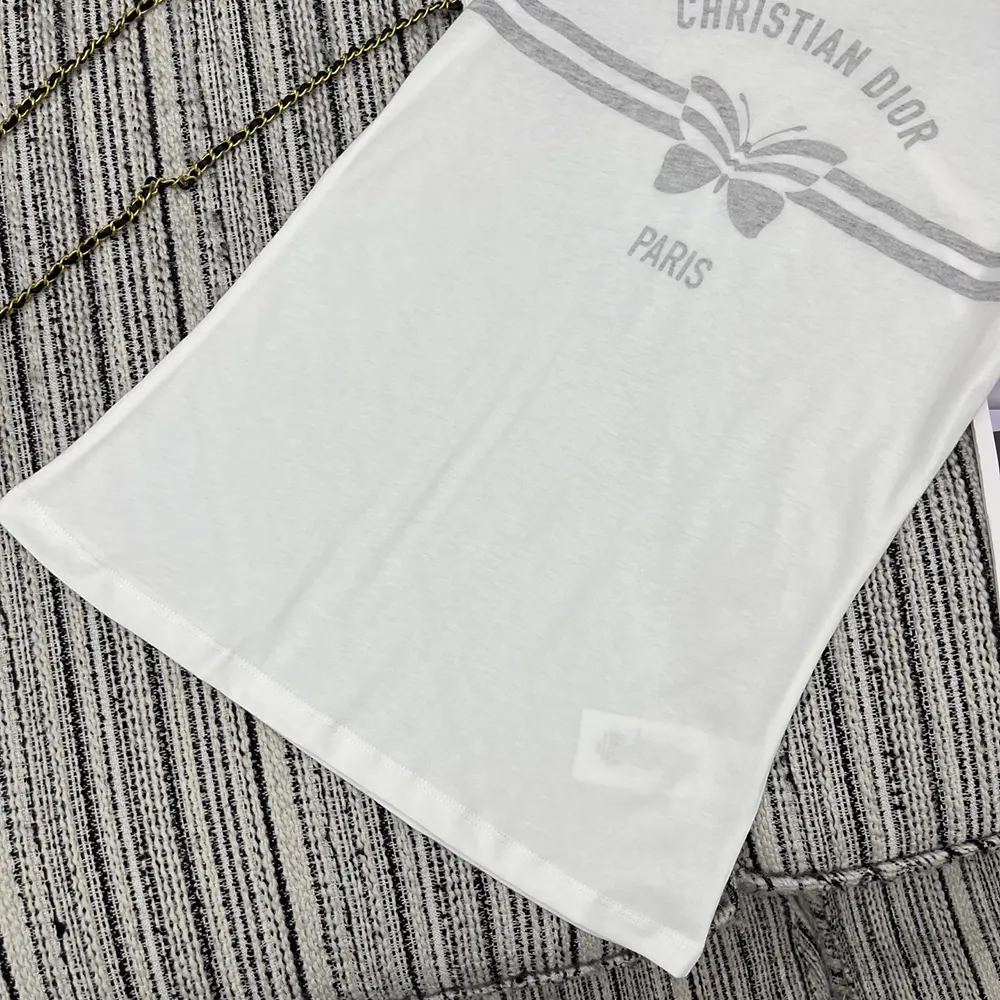 Dior Women T-Shirt White Cotton and Linen Jersey with Gray Christian Dior Papillon Motif