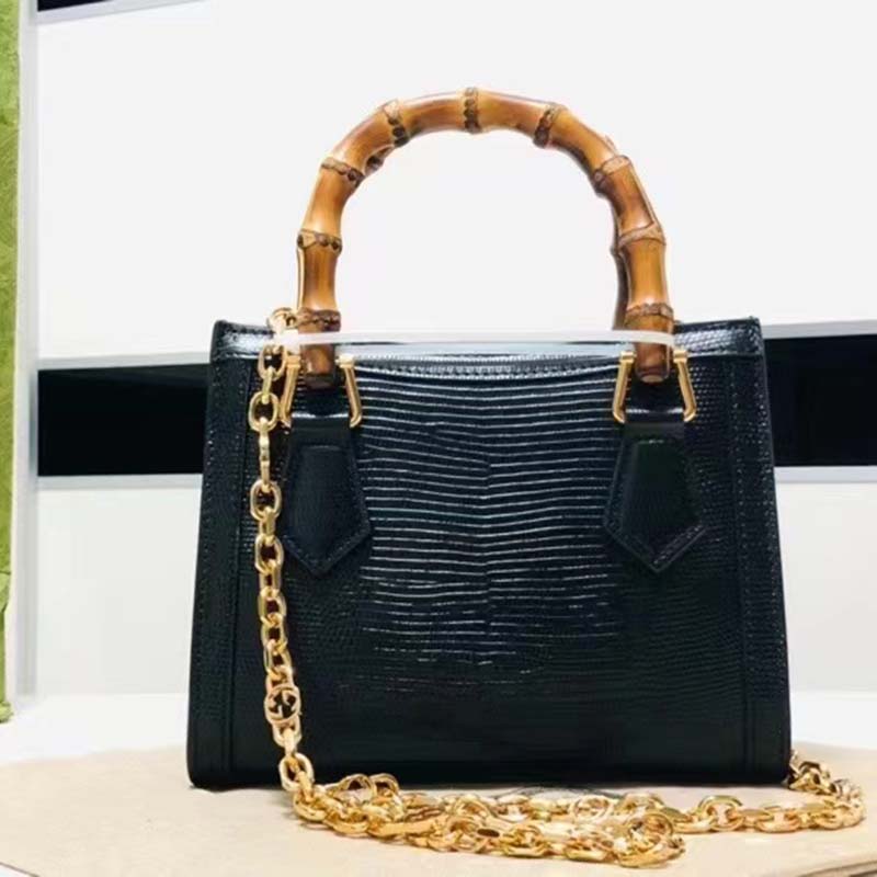 Gucci Women GG Diana Lizard Mini Bag Black Lizard Shiny Antique