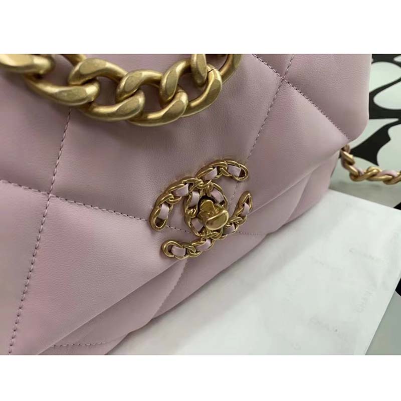 Chanel Women Chanel 19 Flap Bag Pink Lambskin Gold Silver-Tone Ruthenium-Finish Metal