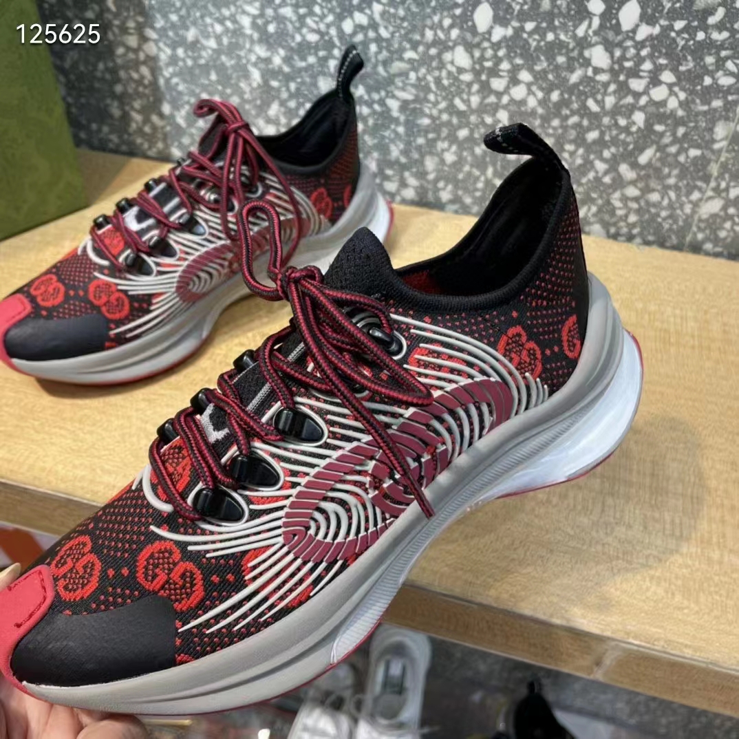 Gucci Unisex Run Sneaker Black Red GG Technical Knit Fabric Interlocking G Rubber