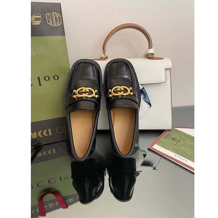 Gucci Unisex GG Loafer Interlocking G Shiny Black Leather Studs Rubber Low Heel