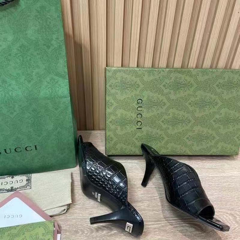 Gucci Women GG Crocodile Print Pump Black Square Toe Mid Heel