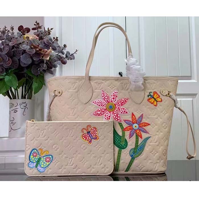 Louis Vuitton LV Unisex LV x YK Neverfull MM Quartz Embossed Grained Monogram Empreinte Cowhide Leather