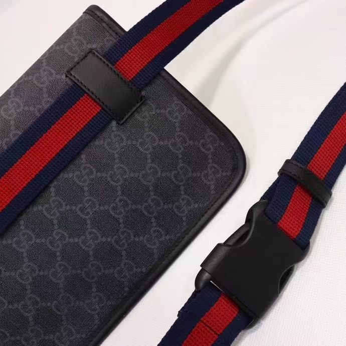 Gucci Unisex GG Black Belt Bag Black Grey GG Supreme Canvas Leather Trim