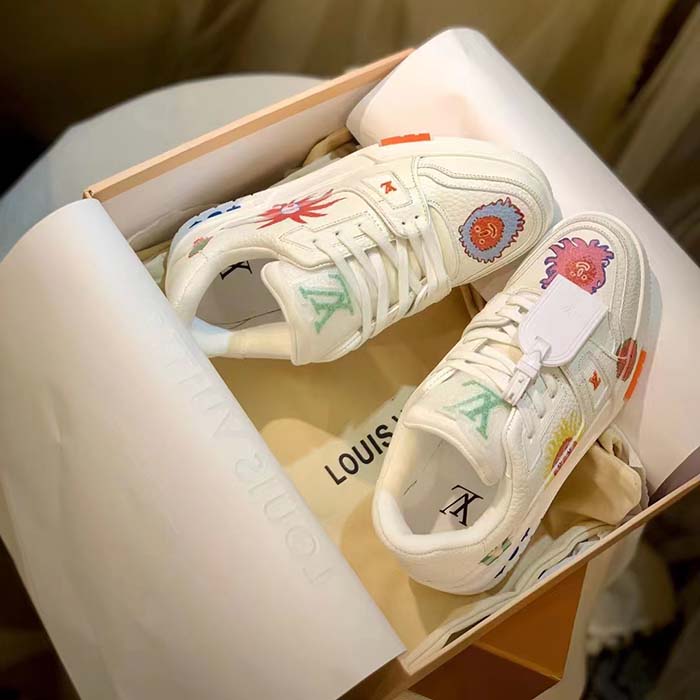 Louis Vuitton Unisex LV x YK LV Trainer Sneaker White Printed Grained Calf Leather Monogram Flowers