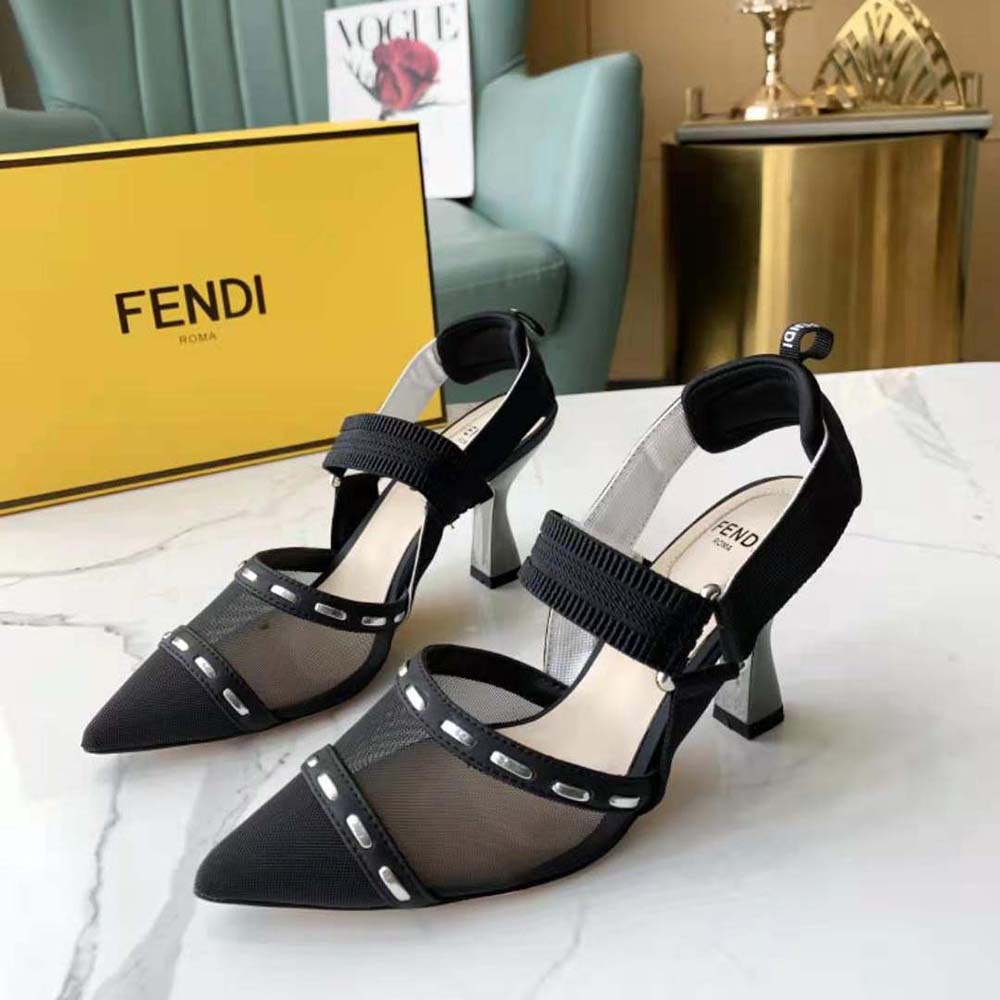 Fendi Women Colibri Black Mesh High-Heel Slingbacks with Metal Stitches