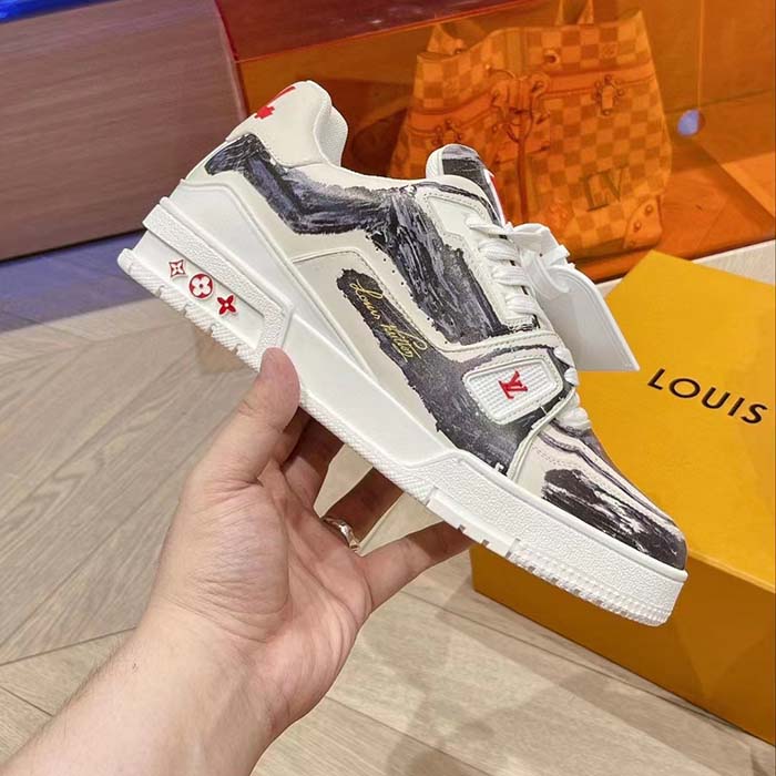 Louis Vuitton LV Unisex Trainer Sneaker Black Printed Calf Leather Rubber Outsole Monogram Flowers