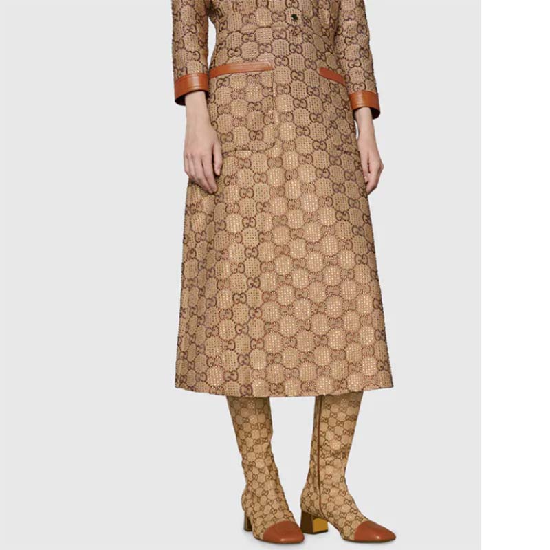 Gucci Blondie Women’s Boot Crystals Beige Ebony GG Canvas Low 5 Cm Heel