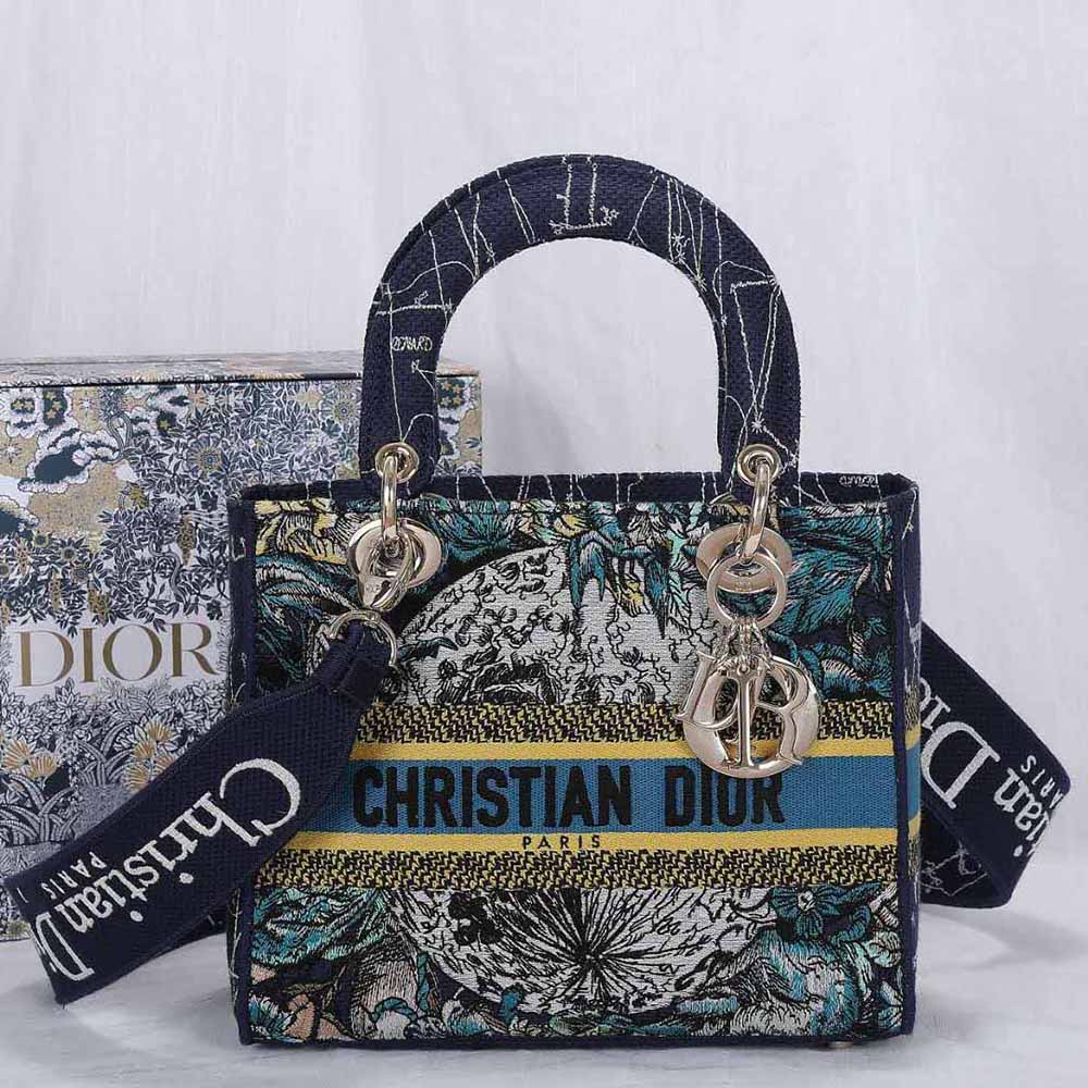 Dior Women Medium Lady D-lite Bag Latte Multicolor Dior Constellation Embroidery-Blue