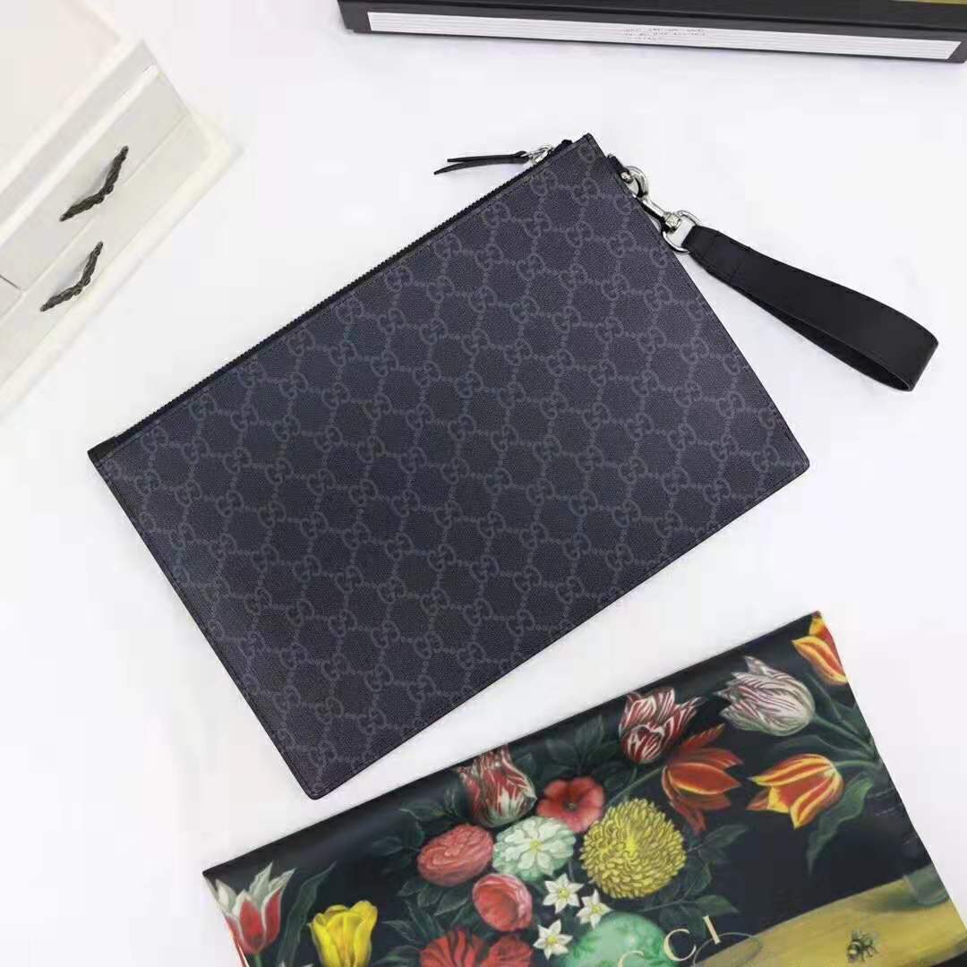 Gucci GG Men Gucci Bestiary Pouch with Wolf in Black and Grey GG Supreme Canvas