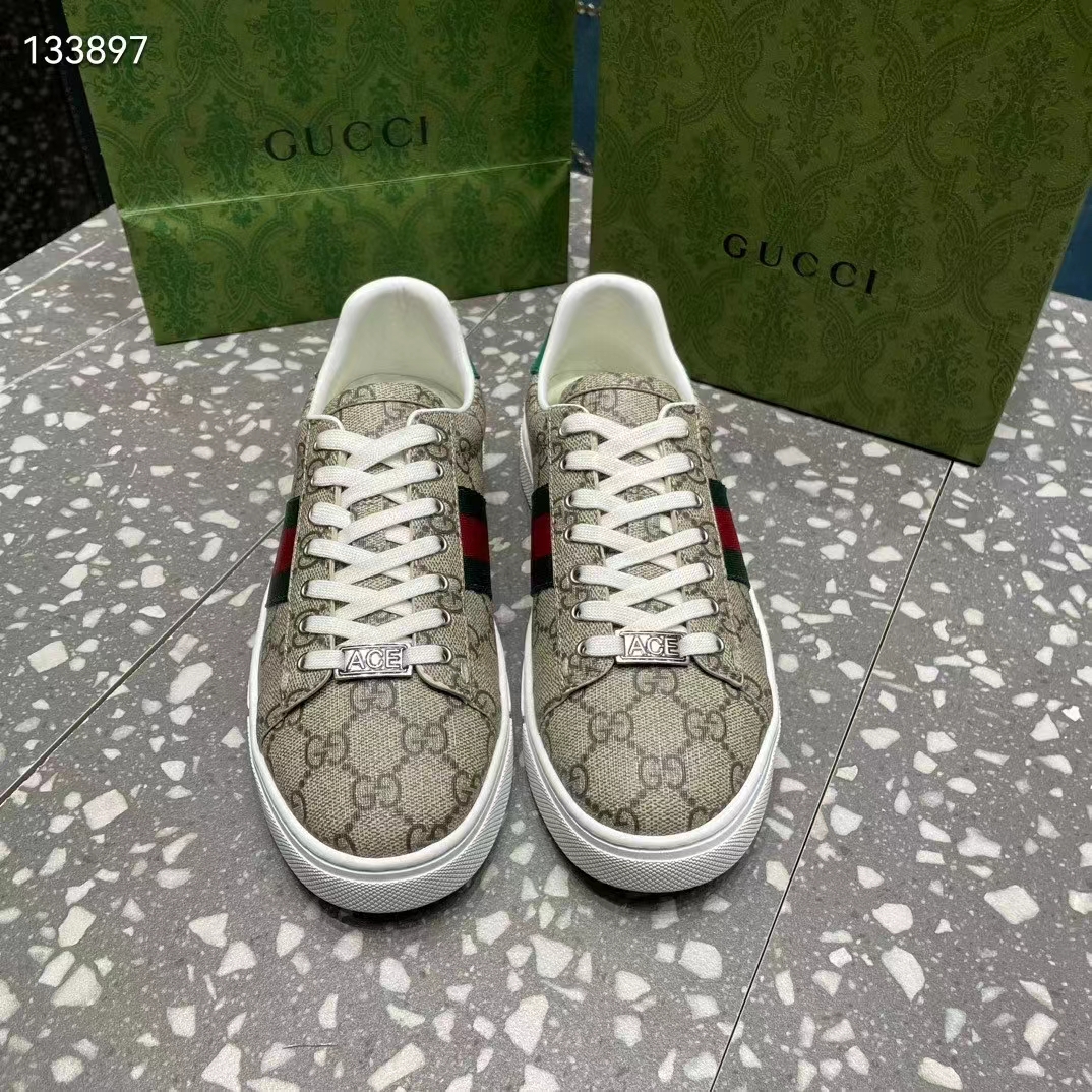Gucci Unisex GG Ace Sneaker Web Beige Ebony GG Supreme Rubber Low-Heel