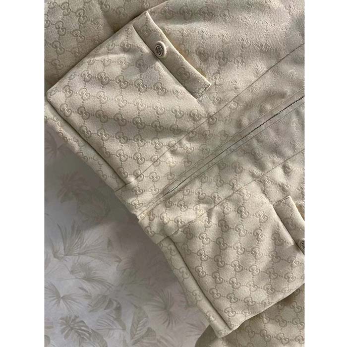 Gucci Men GG Canvas Bomber Jacket Cream Self-Covered Buttons Interlocking G Lined High Neck