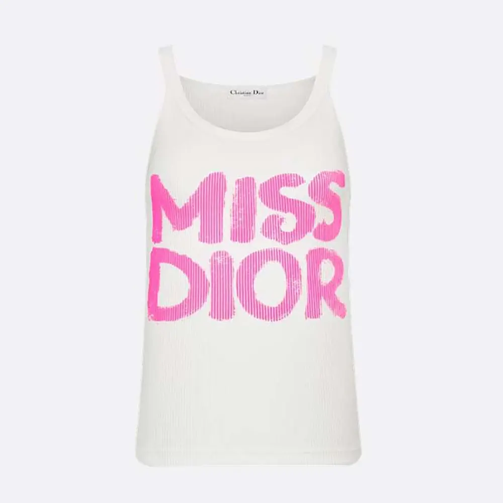Dior Women Miss Dior Tank Top White Ribbed Cotton Jersey with Bright Pink Miss Dior Graffiti Motif