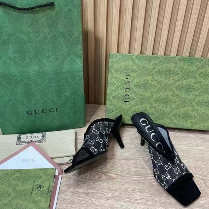 Gucci Women GG Sandal Black Mesh GG Crystals Square Toe Mid-Heel