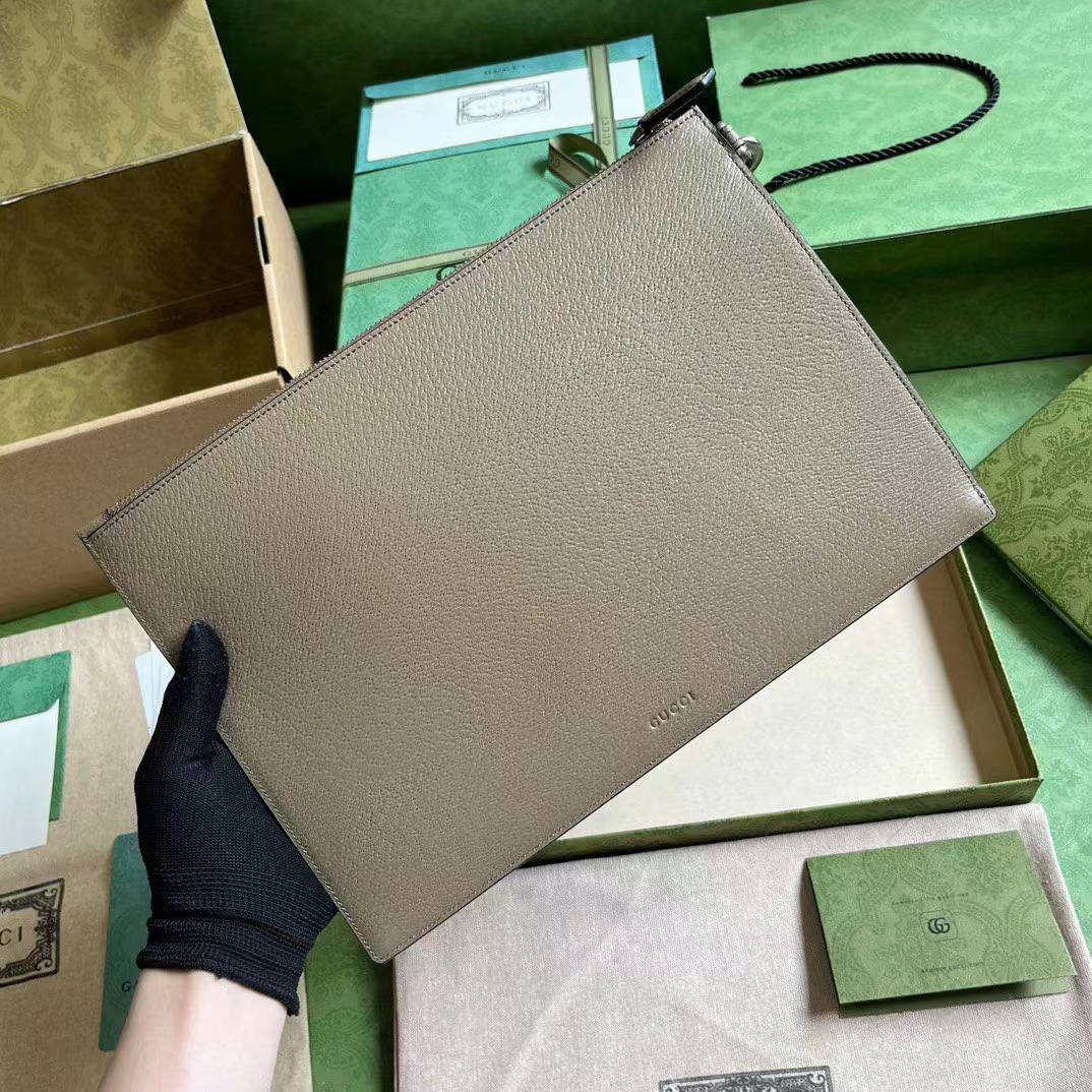 Gucci Unisex GG Marmont Pouch Taupe Leather Six Card Slots One Open Pocket