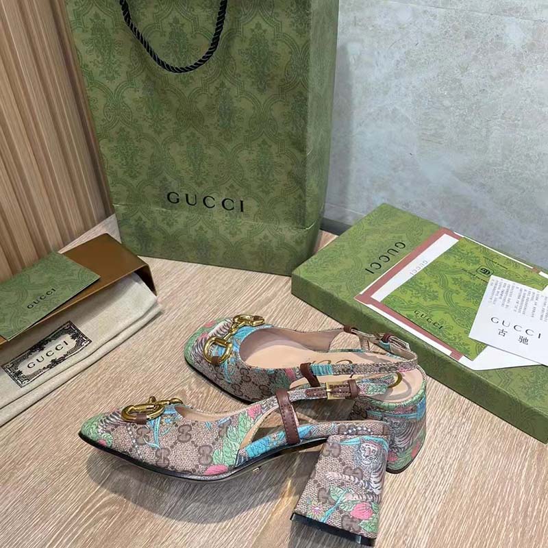 Gucci Women GG Tiger Mid-Heel Slingback Tiger Flower Beige Ebony Supreme Canvas