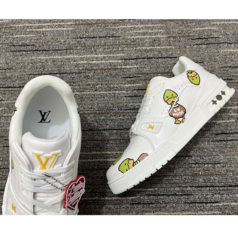 Louis Vuitton Unisex LV Trainer Sneaker White Printed Calf Leather Rubber Monogram Flowers