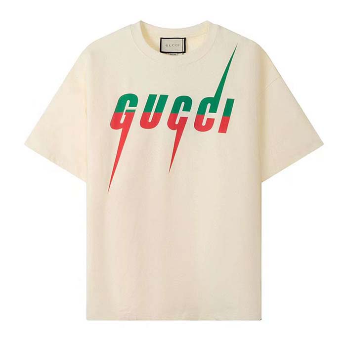 Gucci Men GG T-Shirt Gucci Blade Print White Cotton Jersey Crewneck