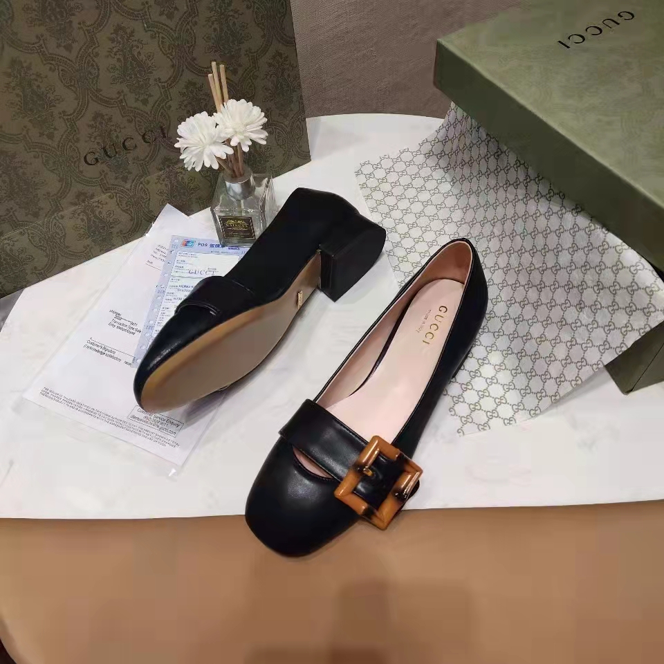Gucci Women’s GG Ballet Flat Bamboo Buckle Black Leather Round Toe Chunky Heel
