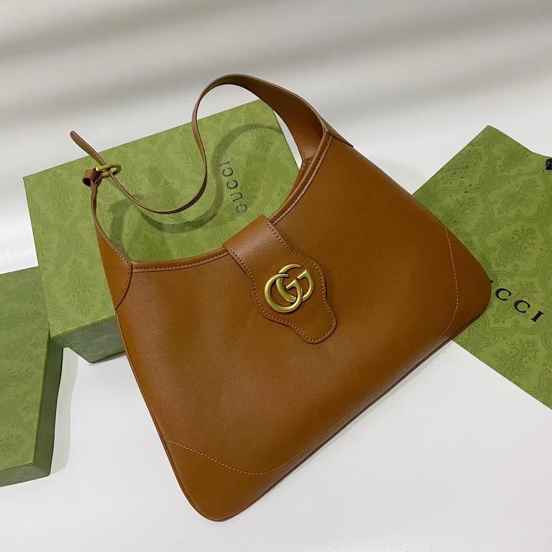 Gucci Women GG Aphrodite Medium Shoulder Bag Brown Soft Leather Double G