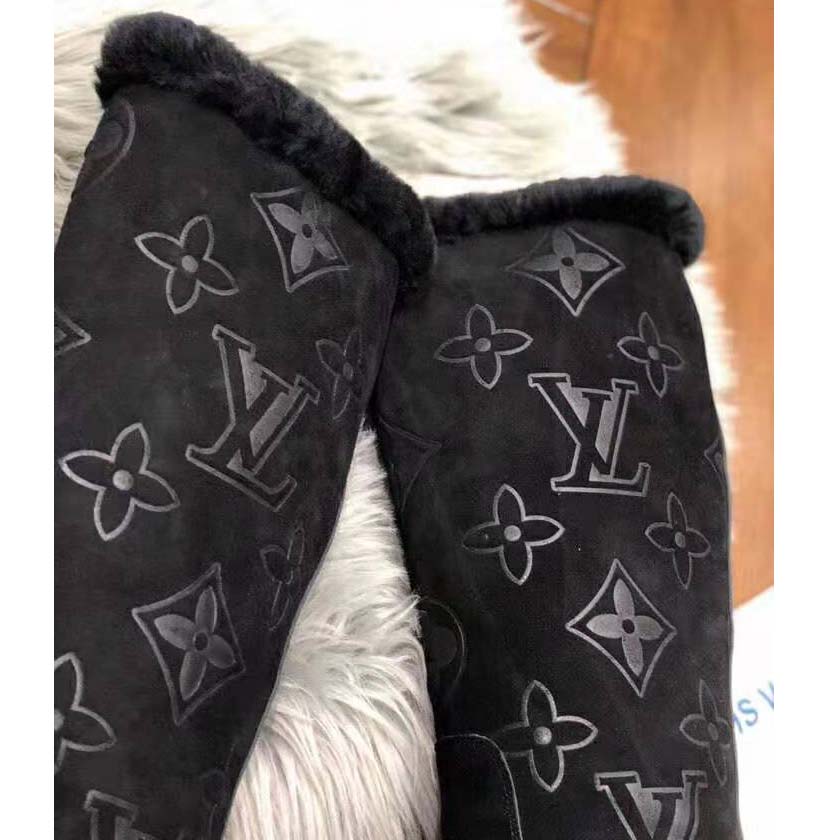 Louis Vuitton LV Women Breezy Half Boot in Black Suede Calf Leather with Monogram Canvas-Black