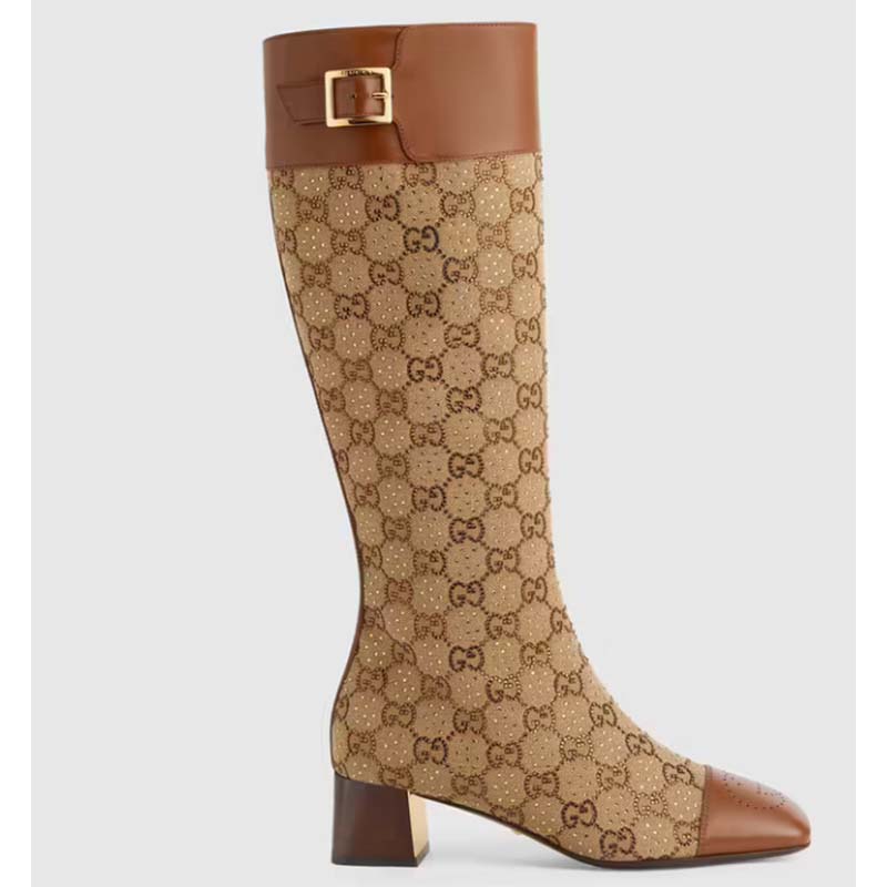 Gucci Blondie Women’s Boot Crystals Beige Ebony GG Canvas Low 5 Cm Heel