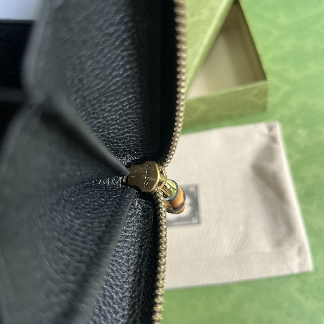 Gucci Unisex GG Zip Around Wallet Bamboo Black Leather Double G