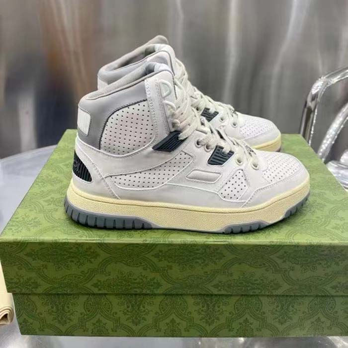 Gucci Unisex High Top Distressed Effect. Sneaker Off White Leather Interlocking G Rubber Flat