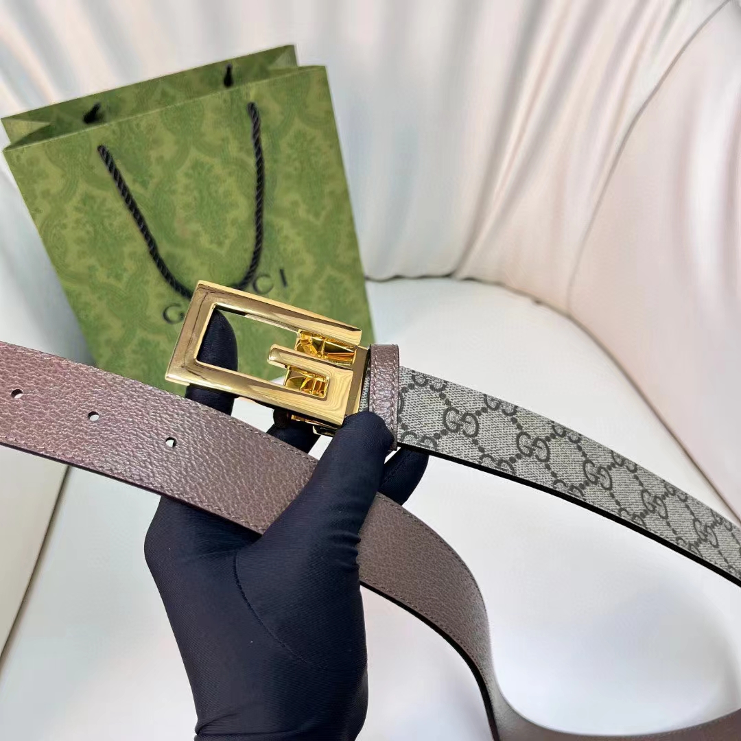 Gucci Unisex Reversible Belt Square G Buckle Beige Ebony GG Supreme Canvas Reverses Brown