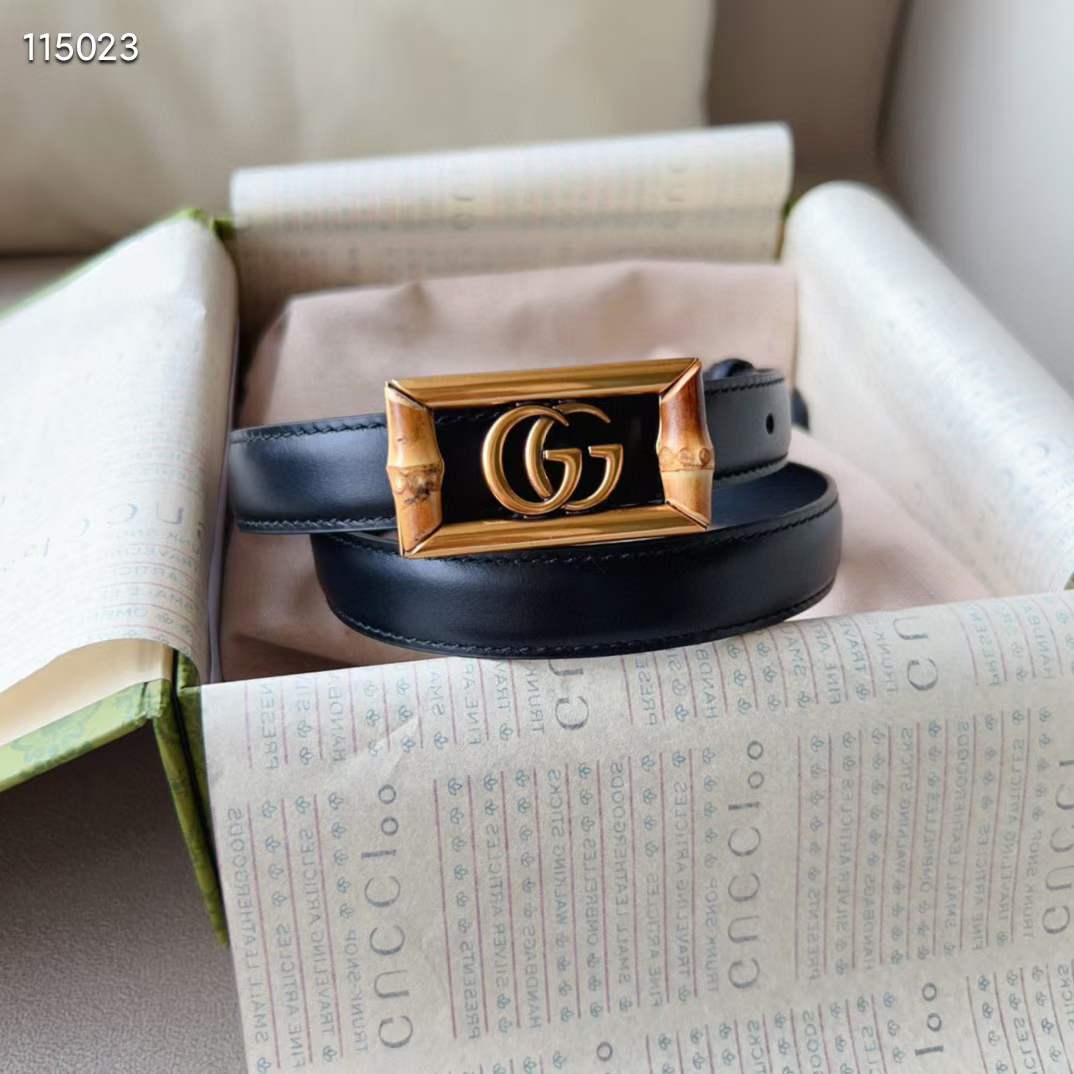 Gucci Unisex GG Belt Double G Buckle Bamboo Black Leather 1.8 CM Width