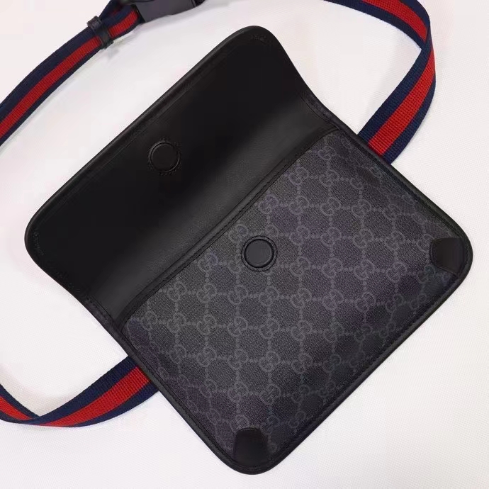 Gucci Unisex GG Black Belt Bag Black Grey GG Supreme Canvas Leather Trim