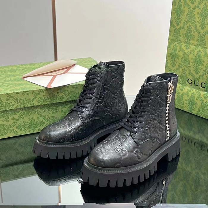 Gucci Unisex GG Leather Boots Rubber Lug Sole Lace-Up Interlocking G Flats