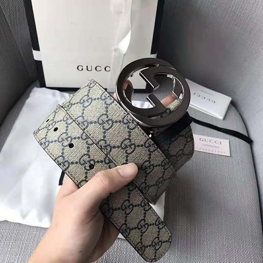 Gucci Unisex GG Supreme Belt with G Buckle in Beige/Blue GG Supreme Canvas