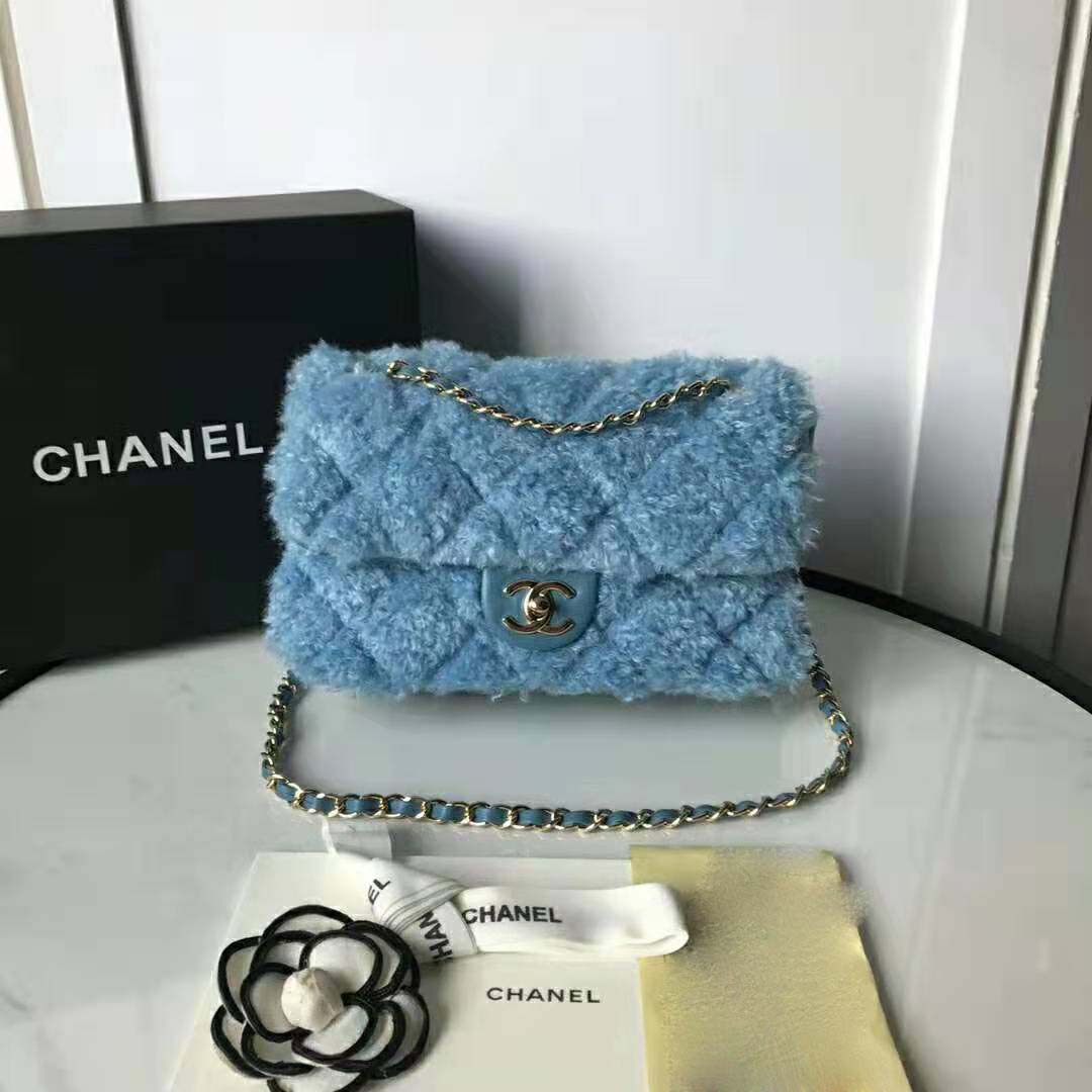Chanel Women Flap Bag in Shearling Lambskin Leather-Blue