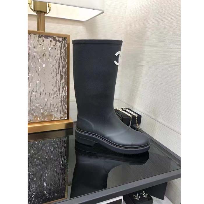 Chanel Women CC High Boots Caoutchouc Leather Black