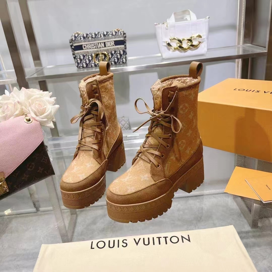 Louis Vuitton LV Women Laureate Platform Desert Boot Beige Monogram Wool Leather Laces Treaded Rubber