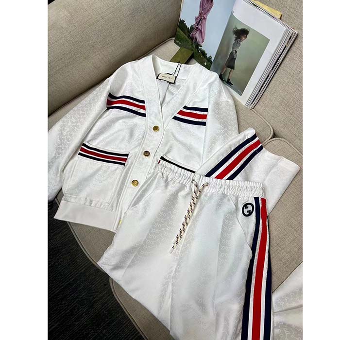 Gucci Women GG Technical Jersey Cardigan Web White V-Neck Dropped Shoulder Long Sleeves