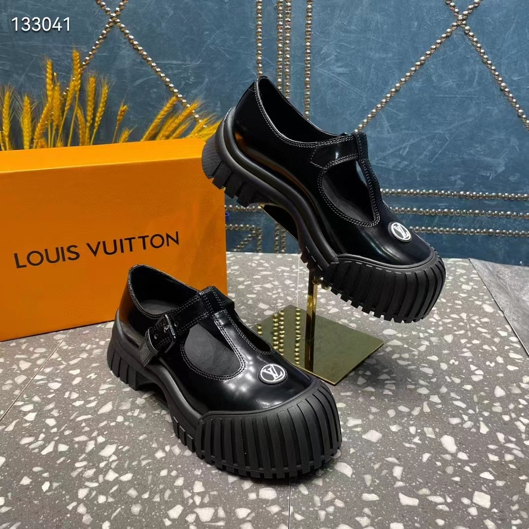 Louis Vuitton Women Ruby Flat Mary Jane Black Calf Leather Rubber LV Circle Signature