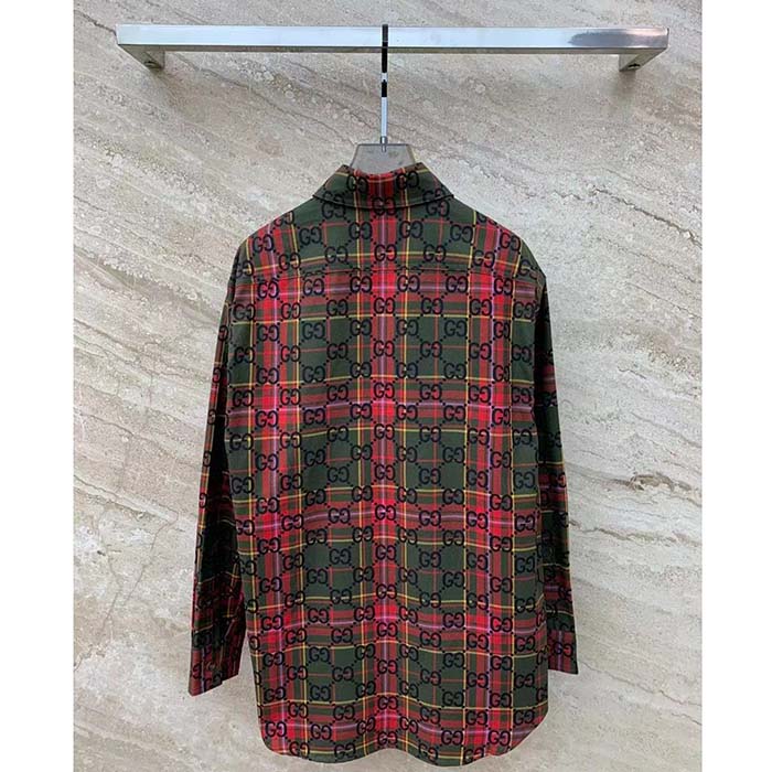 Gucci Women GG Tartan Wool Shirt Green Red GG Point Collar Long Sleeves Button Cuffs